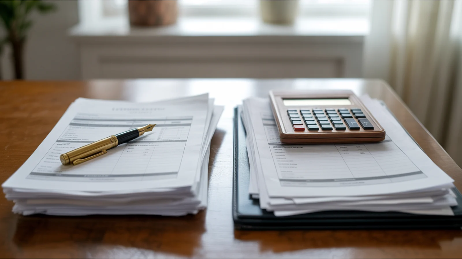 Two stacks of loan-estimate paperwork on a wooden desk